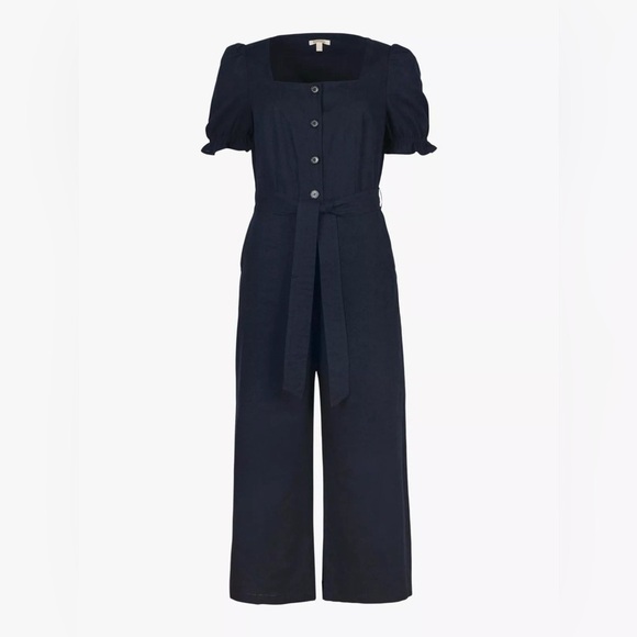 Barbour Navy leilani linen blend square neck puff sleeve Jumpsuit 14 - Picture 4 of 15